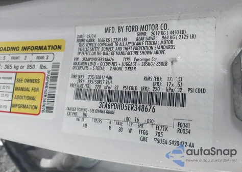 2014 Ford Fusion Se из США, поврежденный, VIN 3FA6P0HD5ER348676